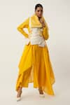 Shop_Jajaabor_Yellow Silk Chanderi Embroidered Cutwork Collar Draped Jacket With Kurta Set _Online_at_Aza_Fashions