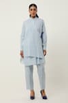 Jajaabor_Blue Cotton Linen Printed Stripe Collar Overlapped Kurta With Pant _Online_at_Aza_Fashions