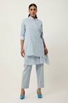 Shop_Jajaabor_Blue Cotton Linen Printed Stripe Collar Overlapped Kurta With Pant _Online_at_Aza_Fashions