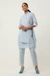 Jajaabor_Blue Cotton Linen Printed Stripe Collar Overlapped Kurta With Pant _at_Aza_Fashions