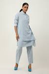 Buy_Jajaabor_Blue Cotton Linen Printed Stripe Collar Overlapped Kurta With Pant 