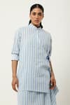 Shop_Jajaabor_Blue Cotton Linen Printed Stripe Collar Overlapped Kurta With Pant 