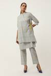 Buy_Jajaabor_Yellow Cotton Linen Printed Stripe Ornamental Overlapped Kurta With Pant _at_Aza_Fashions