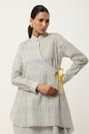 Shop_Jajaabor_Yellow Cotton Linen Printed Stripe Ornamental Overlapped Kurta With Pant 