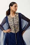 Jajaabor_Blue Silk Chanderi Embroidered Floral Round Cape Kurta With Pant _at_Aza_Fashions