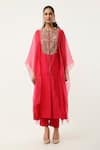 Jajaabor_Pink Silk Chanderi Embroidered Gold Thread Closed Round Cape Kurta With Pant _Online_at_Aza_Fashions