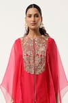 Buy_Jajaabor_Pink Silk Chanderi Embroidered Gold Thread Closed Round Cape Kurta With Pant _Online_at_Aza_Fashions