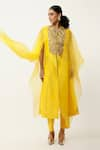 Buy_Jajaabor_Yellow Silk Chanderi Embroidered Gold Thread Closed Round Cape Kurta With Pant _at_Aza_Fashions