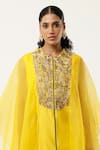 Buy_Jajaabor_Yellow Silk Chanderi Embroidered Gold Thread Closed Round Cape Kurta With Pant _Online_at_Aza_Fashions