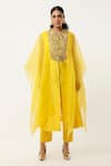 Shop_Jajaabor_Yellow Silk Chanderi Embroidered Gold Thread Closed Round Cape Kurta With Pant _Online_at_Aza_Fashions