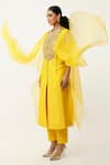 Jajaabor_Yellow Silk Chanderi Embroidered Gold Thread Closed Round Cape Kurta With Pant _at_Aza_Fashions