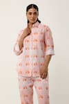 Jajaabor_Orange Cotton Linen Printed Collared Scooter Shirt And Pant Set _at_Aza_Fashions