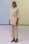 Shop_Sue Mue_Beige Pure Linen Embroidery Thread Stand Collar Naima Gul Tunic With Pant _at_Aza_Fashions