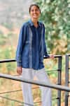 Grassroot By Anita Dongre_Blue Bamberg Linen Printed Bandhani Collared Dreamer Handcrafted Shirt _Online_at_Aza_Fashions