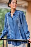 Buy_Grassroot By Anita Dongre_Blue Bamberg Linen Printed Bandhani Collared Dreamer Handcrafted Shirt _Online_at_Aza_Fashions