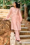 Buy_Grassroot By Anita Dongre_Peach Bamberg Linen Printed Bandhani Band Panorama Handcrafted Kurta With Pant _Online_at_Aza_Fashions