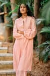 Grassroot By Anita Dongre_Peach Bamberg Linen Printed Bandhani Band Panorama Handcrafted Kurta With Pant _at_Aza_Fashions