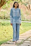 Buy_Grassroot By Anita Dongre_Blue Bamberg Linen Printed Chikankari Band Creek Embroidered Top With Pant _Online_at_Aza_Fashions