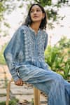 Grassroot By Anita Dongre_Blue Bamberg Linen Printed Chikankari Band Creek Embroidered Top With Pant _at_Aza_Fashions