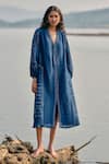 Buy_Grassroot By Anita Dongre_Blue Bamberg Linen Printed Bandhani V Neck Windswept Handcrafted Dress _at_Aza_Fashions