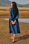 Shop_Grassroot By Anita Dongre_Blue Bamberg Linen Printed Bandhani V Neck Windswept Handcrafted Dress _at_Aza_Fashions