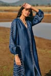 Buy_Grassroot By Anita Dongre_Blue Bamberg Linen Printed Bandhani V Neck Windswept Handcrafted Dress _Online_at_Aza_Fashions