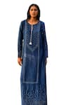 Grassroot By Anita Dongre_Blue Bamberg Linen Printed Bandhani Notched Round Coast Handcrafted Kaftan _Online_at_Aza_Fashions