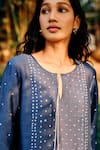 Shop_Grassroot By Anita Dongre_Blue Bamberg Linen Printed Bandhani Notched Round Coast Handcrafted Kaftan _Online_at_Aza_Fashions