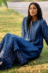 Grassroot By Anita Dongre_Blue Bamberg Linen Printed Bandhani Notched Round Coast Handcrafted Kaftan _at_Aza_Fashions