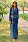 Buy_Grassroot By Anita Dongre_Blue Bamberg Linen Printed Bandhani Notched Round Coast Handcrafted Kaftan 