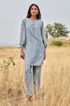 Buy_Grassroot By Anita Dongre_Blue Exce Linen Block Print Leaf Round Inland Hand Kurta With Pant _at_Aza_Fashions