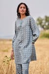 Buy_Grassroot By Anita Dongre_Blue Exce Linen Block Print Leaf Round Inland Hand Kurta With Pant _Online_at_Aza_Fashions