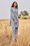 Shop_Grassroot By Anita Dongre_Blue Exce Linen Block Print Leaf Round Inland Hand Kurta With Pant _Online_at_Aza_Fashions