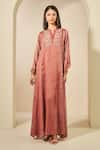 Buy_Grassroot By Anita Dongre_Pink Modal Satin Hand Block Print Thread Collar Sahla Dabu Kaftan _at_Aza_Fashions