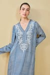 Buy_Grassroot By Anita Dongre_Blue Modal Satin Hand Block Print Stripe V Neck Stream Kaftan _Online_at_Aza_Fashions