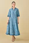 Buy_Grassroot By Anita Dongre_Blue Bamberg Linen Printed Blossom Collared Pond Dress _at_Aza_Fashions