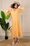 Kkanyaah_Yellow Handloom Cotton, Silk Embroidery Shawl Neck Threadwork Placement Dress _Online_at_Aza_Fashions
