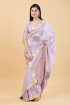 Samyukta Singhania_Purple Tissue Handpainted Lace Plunge V-neck Elephant Saree With Blouse _at_Aza_Fashions