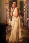 Buy_Seeaash_Ivory Lycra Embroidery Crystal Deep V Neck Pre-draped Saree With Blouse _at_Aza_Fashions