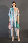 Buy_Clos_Blue Dupion Silk Print Abstract Band Collar Asymmetric Kurta With Pant _at_Aza_Fashions