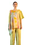 Clos_Yellow Dupion Silk Print Abstract Round Asymmetric Short Kaftan With Pant _Online_at_Aza_Fashions