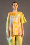 Shop_Clos_Yellow Dupion Silk Print Abstract Round Asymmetric Short Kaftan With Pant _Online_at_Aza_Fashions