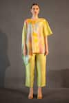 Buy_Clos_Yellow Dupion Silk Print Abstract Round Asymmetric Short Kaftan With Pant _at_Aza_Fashions