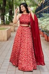 Buy_Essay by Sumedha Agrawal_Red Organza Satin Hand Embroidered Mirror Work Halter Floral Print Lehenga Set _at_Aza_Fashions