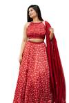 Buy_Essay by Sumedha Agrawal_Red Organza Satin Hand Embroidered Mirror Work Halter Floral Print Lehenga Set _Online_at_Aza_Fashions