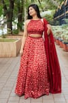 Shop_Essay by Sumedha Agrawal_Red Organza Satin Hand Embroidered Mirror Work Halter Floral Print Lehenga Set _Online_at_Aza_Fashions