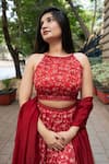 Shop_Essay by Sumedha Agrawal_Red Organza Satin Hand Embroidered Mirror Work Halter Floral Print Lehenga Set 