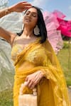 Shop_Seeaash_Yellow Net Embroidery Pearl Sweetheart Neck Pre-draped Saree With Blouse _Online_at_Aza_Fashions