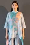 Shop_Clos_Blue Dupion Silk Print Abstract Band Collar Short Kaftan With Pant _Online_at_Aza_Fashions