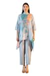 Buy_Clos_Blue Dupion Silk Print Abstract Band Collar Short Kaftan With Pant _Online_at_Aza_Fashions